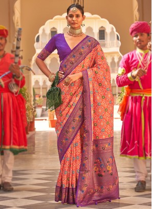 Peach and Purple Woven Patola Printed Silk Saree