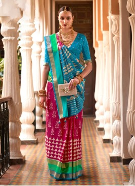 Aqua Blue & Deep Pink Patola Printed Silk Saree