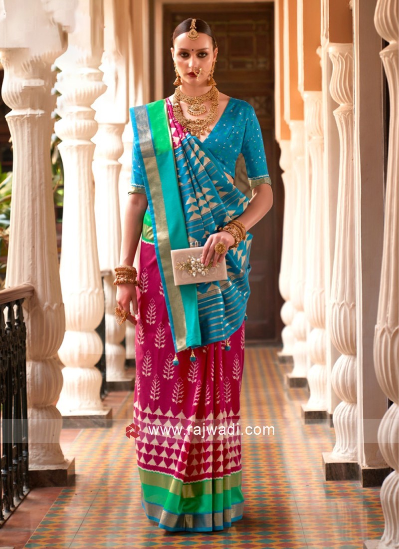 Aqua Blue Woven Dola Silk Saree with Designer Embroidery Blouse – Rushini