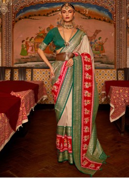 Fabulous Rose Gold and Green Silk Saree