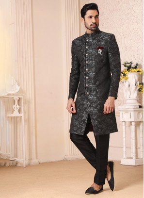 Fancy Black Jacquard Silk Indowestern Set