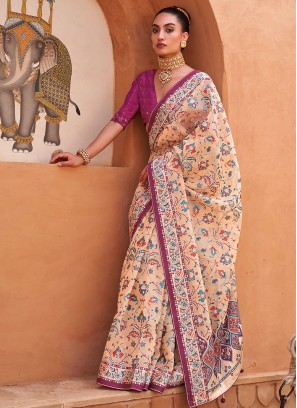 Peach and Purple Designer Brasso Saree