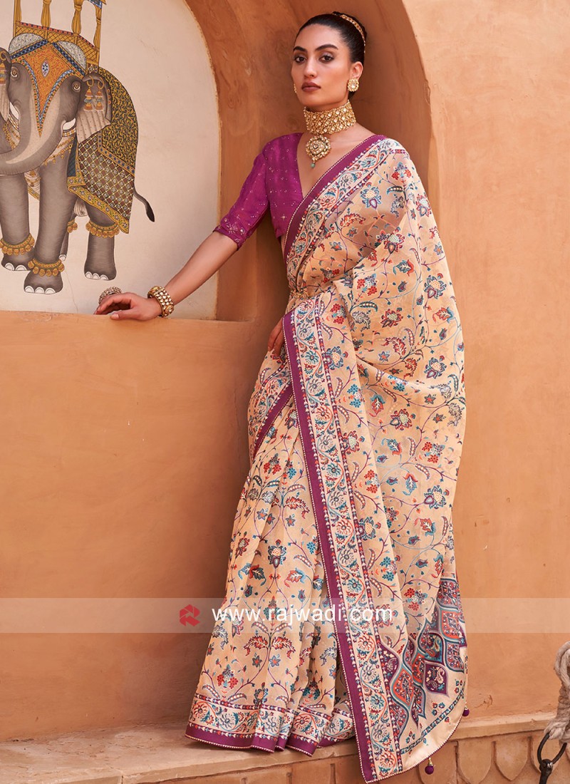 Woven Chiffon Brasso Saree in Green and Multicolor : SSEA275