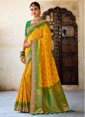 Fancy Fabric Patch Border Designer Saree in Yellow