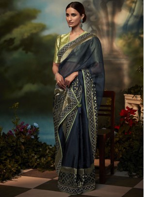 Navy Blue Banarasi Organza Wedding Saree