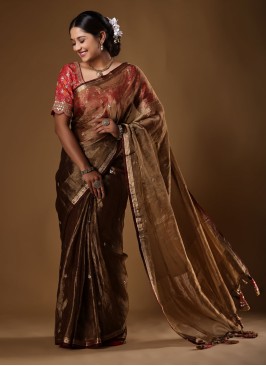 Fancy Golden Brown Saree For Womens