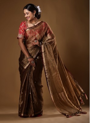 Fancy Golden Brown Saree For Womens