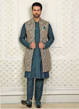 Fancy Long Nehru Jacket Set With Thread Work