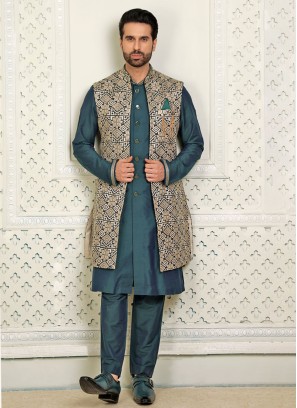 Fancy Long Nehru Jacket Set With Thread Work