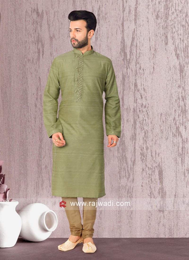 Men Mehndi Green Straight Kurta - ShopGarb - 4159240