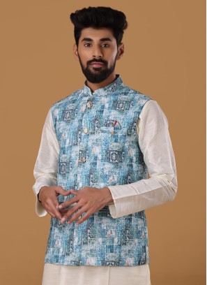 Fancy Print Art Silk Nehru Jacket In Firozi Color