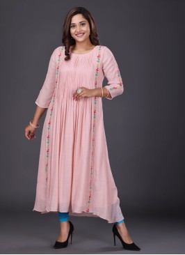 Fancy Print C-Shaped Kurti In Light Pink Color