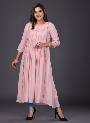 Fancy Print C-Shaped Kurti In Light Pink Color
