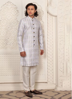 Fancy Print Indowestern In Powder Blue Color