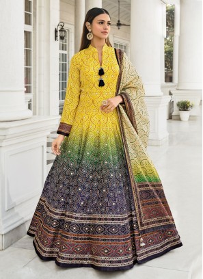Multi-colored Art Silk Printed Readymade Anarkali Suit