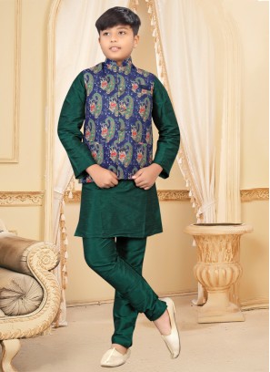 Fancy Printed Blue And Green Nehru Jacket Set