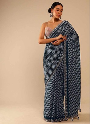 Fancy Printed Blue Chinon Silk Saree