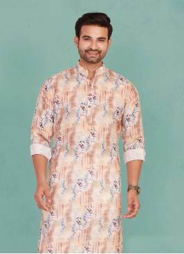 Fancy Printed Cream Cotton Mens Kurta