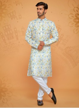 Fancy Printed Cream Kurta Pajama For Men