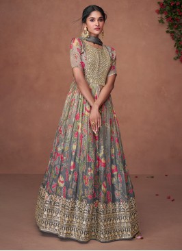 Fancy Printed Grey Shaded Organza Silk Anarkali Suit