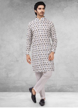 Fancy Printed Kurta Pajama In White Color