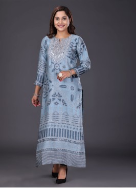 Fancy Printed Kurti In Light Blue Color