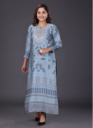 Fancy Printed Kurti In Light Blue Color