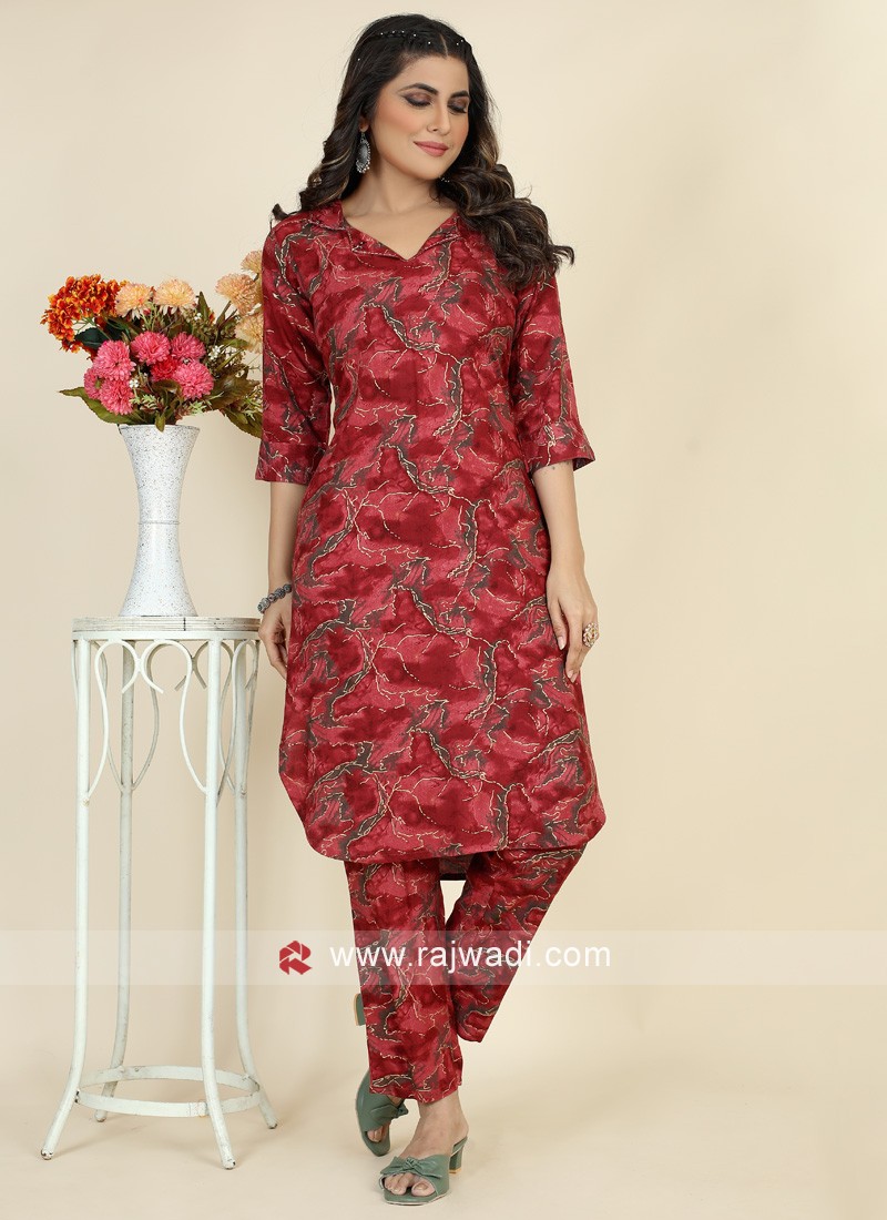 Fancy Printed Maroon Color Co-Ord Set For Women