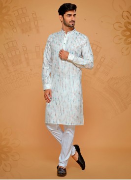 Fancy Printed Off White Cotton Silk Kurta Pajama