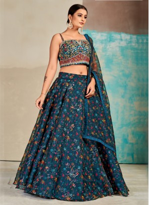 Fancy Printed Teal Blue Lehenga With Embroidered Choli