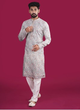 Fancy Printed White Cotton Silk Mens Kurta Pajama