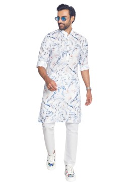 Fancy Printed White Kurta Pajama For Mens