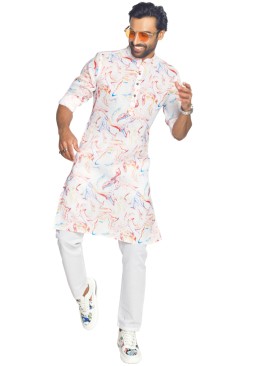 Fancy Printed White Kurta Pajama Set