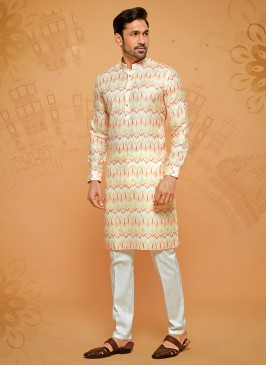 Fancy Printed Yellow Cotton Silk Kurta Pajama