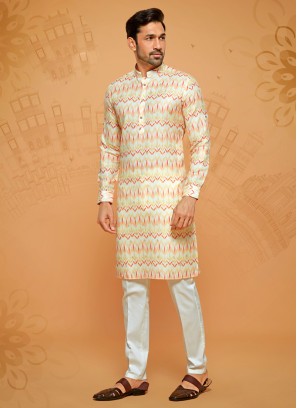 Fancy Printed Yellow Cotton Silk Kurta Pajama