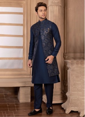 Fancy Sequins Embroidered Blue Nehru Jacket Set