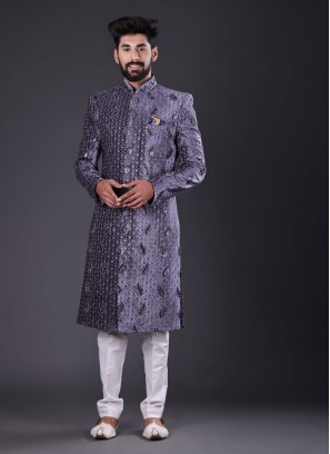 Fancy Sequins Work Indowestern In Grey Color