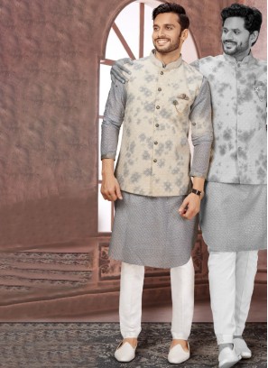 Fancy Thread Embroidered Cream Nehru Jacket Set