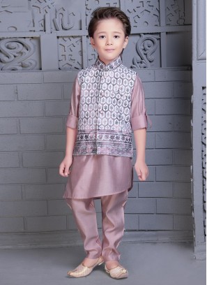 Fancy Thread Embroidered Peach Nehru Jacket Set