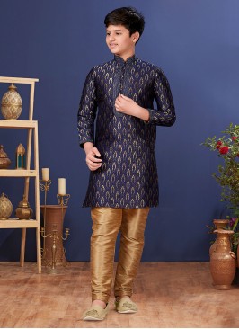 Fancy Weaving Embroidered Navy Blue Kurta Pajama