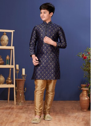 Fancy Weaving Embroidered Navy Blue Kurta Pajama