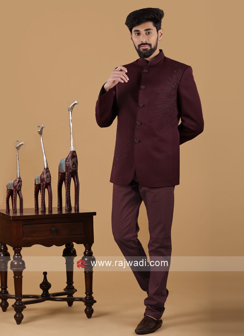 Shop Wine Velvet Designer Jodhpuri Suit Online at Best Price | Cbazaar