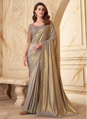 Shimmering Beige Party Wear Designer Saree