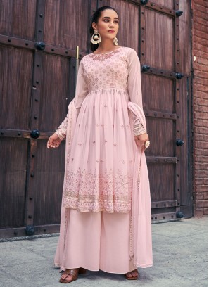 Soft Pink Embroidered Flared Kurti with Palazzo