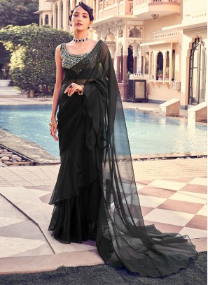 Mesmerizing Black Georgette Saree With Embroidered Blouse