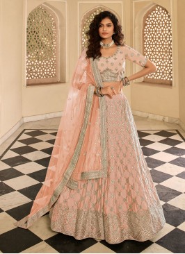 Faux Crepe Lehenga Choli in Peach