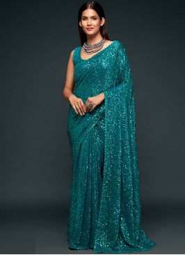 Faux Georgette Rama Sequins Trendy Saree