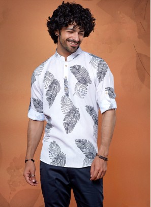 Feather Printed Mens Kurta In Cotton Silk