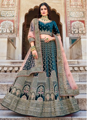 Teal Wedding Special Velvet Designer Lehenga Choli