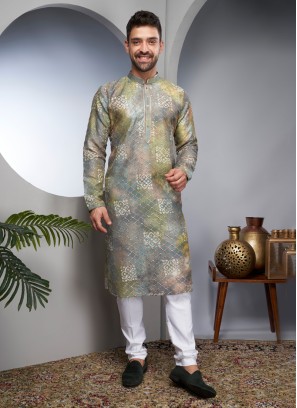 Festive Grey Color Kurta Set In Cotton Silk